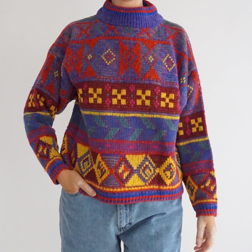 Vintage Liz Wear Purple Knit Geometric Diamond Stripe Eclectic Grandpa Sweater M